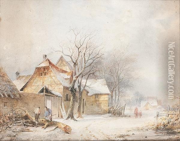 Figures In A Winter Landscape Oil Painting - Karl Friedrich Schulz