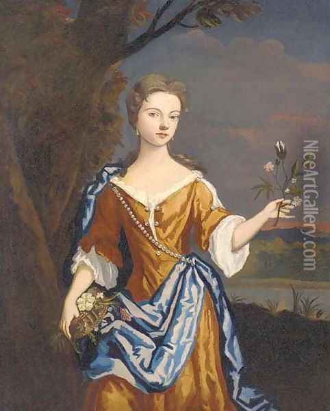 Portrait of a lady, three-quarter-length, in an orange dress and blue wrap, holding a sprig of flowers in her left hand Oil Painting - Sir Godfrey Kneller