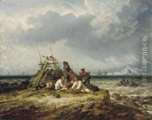 Tanka People On A Windswept Shore Oil Painting - Auguste Borget