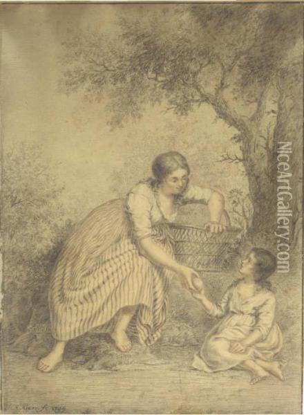 A Young Lady Offering An Apple To A Girl In A Forest Oil Painting - J.H. Kien