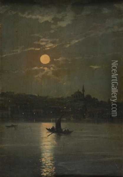 Felouques Sur Le Bosphore Au Clair De Lune Oil Painting - Garabet Yazmaciyan
