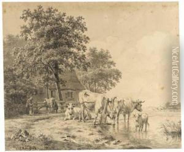 Cattle Drinking From A Ditch, Farmers Milking A Cow By A Farm Oil Painting - Hendrikus van den Sande Bakhuyzen