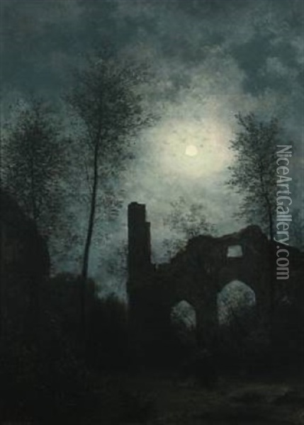 Moon Lit Ruin Oil Painting - Georg Emil Libert