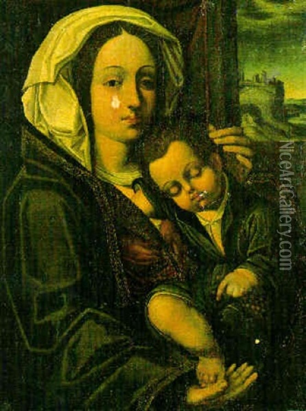 The Madonna And Child In A Landscape Oil Painting - Joos van der Beke Cleve