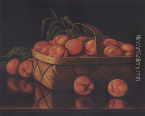 A Basket Of Peaches On A Tabletop Oil Painting - Levi Wells Prentice