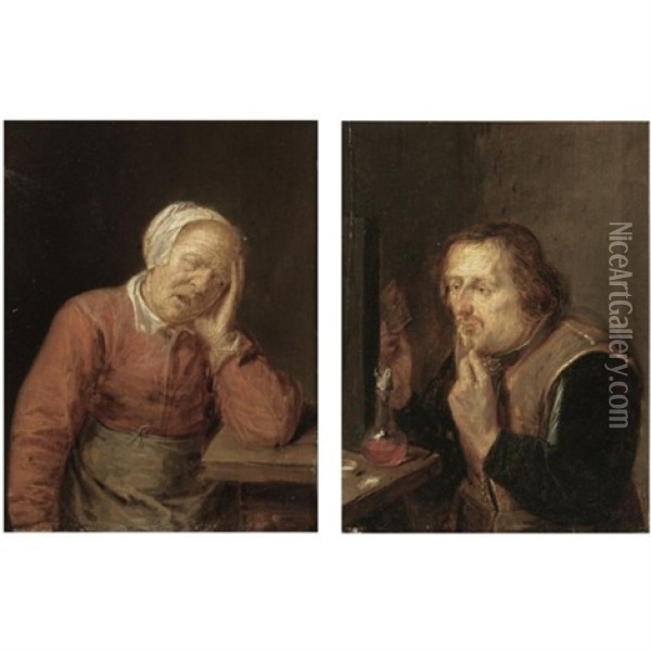 An Interior With A Peasant Woman Sleeping At A Table (+ An Interior With A Peasant Man Holding A Comb; Pair) Oil Painting - Joos van Craesbeeck