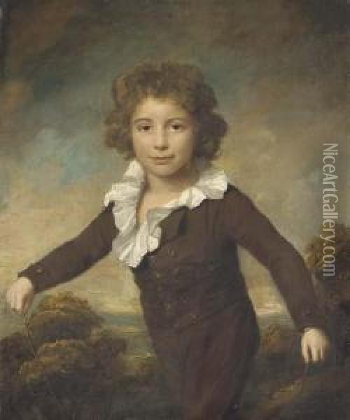Portrait Of A Young Boy, 
Three-quarter Length, In A Brown Coat Andbreeches, Holding A Skipping 
Rope, In A Wooded Landscape Oil Painting - Lemuel Francis Abbott