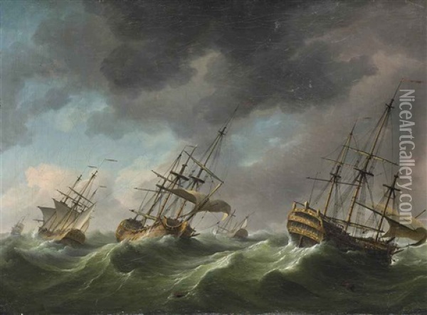 Men-o-war Reefed-down And Riding Out A Gale Oil Painting - Charles Brooking
