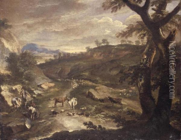 Italian Landscape With Drovers And Their Animals Beside A Road Oil Painting - Johann Eismann