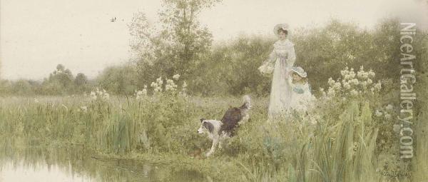 A Mother And Child With Their Sheepdog On The Banks Of Ariver Oil Painting - Thomas Lloyd