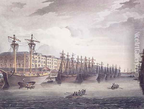 West India Docks, 1810 Oil Painting - T. Rowlandson & A.C. Pugin