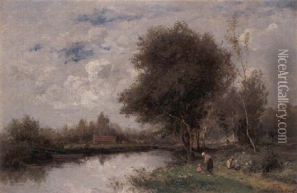 Picking Flowers Near The River Oil Painting - Cesar De Cock