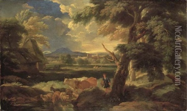 An Italianate Landscape With A Herdsman Watering His Livestock Oil Painting - Pieter Mulier the Younger