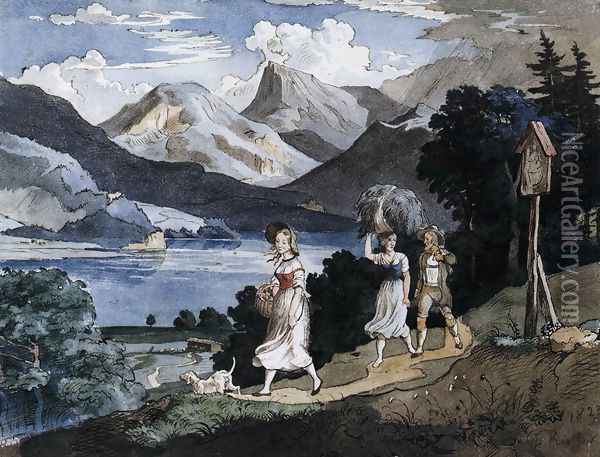 The Fuschlsee with the Schafberg Mountain in the Salzkammergut 1823 Oil Painting - Adrian Ludwig Richter