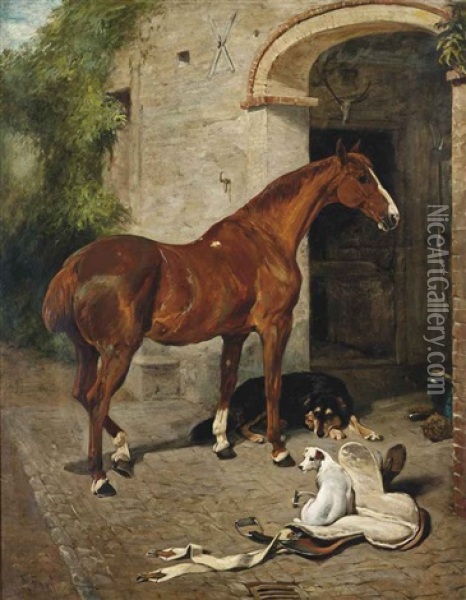 A Chestnut Hunter With A Collie And Jack Russell Before A Stable Oil Painting - John Emms
