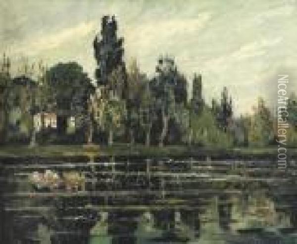 A Country Mansion By A Lake Oil Painting - Pierre Dumont
