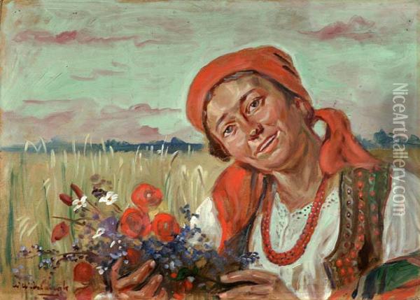 Dziewczyna Z Bukietem Polnych Kwiatow Oil Painting - Wincenty Wodzinowski