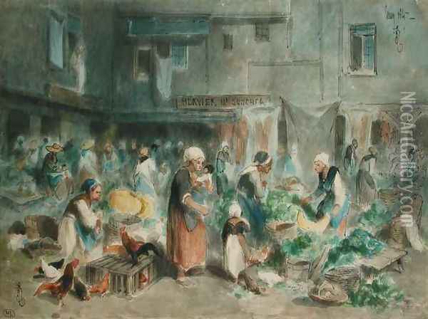 Market in the Town Square Oil Painting - Louis Adolphe Hervier