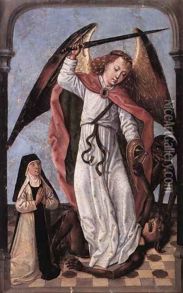 St Michael Fighting Demons 1480-1500 Oil Painting - Master of the Legend of St. Ursula