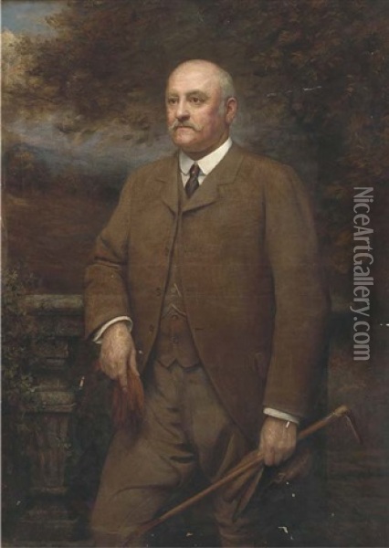 Portrait Of A Gentleman, Standing Three-quarter-length, In A Brown Tweed Suit, Holding A Crop, Cap And Gloves, A Landscape Beyond Oil Painting - Arthur Trevor Haddon