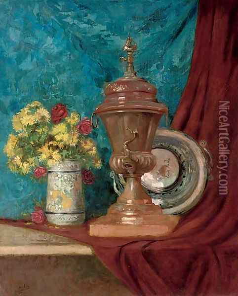 A vase of chrysanthemums and roses alongside an urn and a bowl, on a draped table Oil Painting - Eugene Henri Cauchois