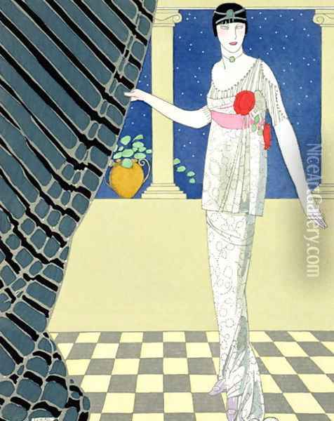 My Guests have not Arrived, illustration of a woman in a dress Oil Painting - Georges Barbier