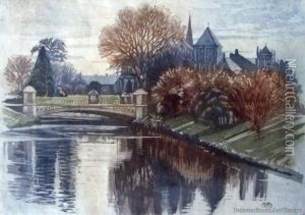 Victoria Street Bridge And Law Courts, Christchurch Oil Painting - John Anster Fitzgerald