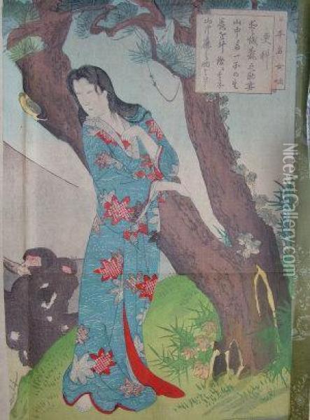 Woman In A Garden By A Tree Oil Painting - Kitagawa Utamaro
