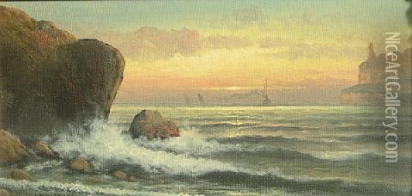 A Coastal View With A Lighthouse In The Distance Oil Painting - John Englehart