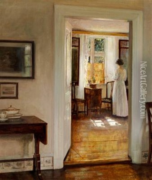 Interior With The Artist's Wife Oil Painting - Carl Vilhelm Holsoe