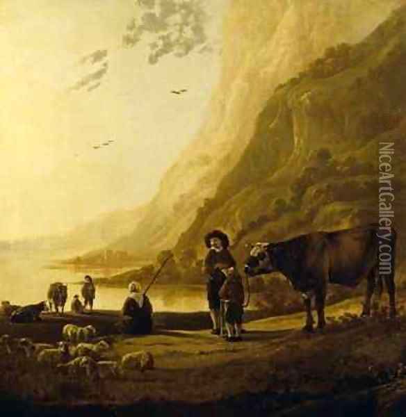 Landscape with a herdsman and bull Oil Painting - Aelbert Cuyp