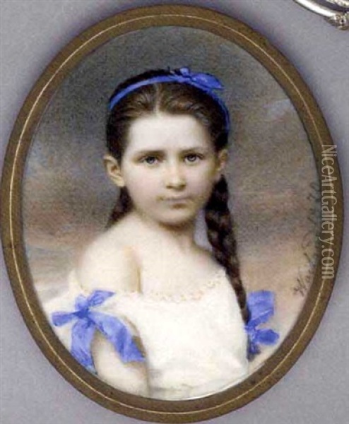 A Girl, In Loose Lace-bordered White Dress With Blue Bows At Sleeves, Blue Ribbon In Her Long Brown Hair Dressed In Plaits Oil Painting - Friedrich Wailand