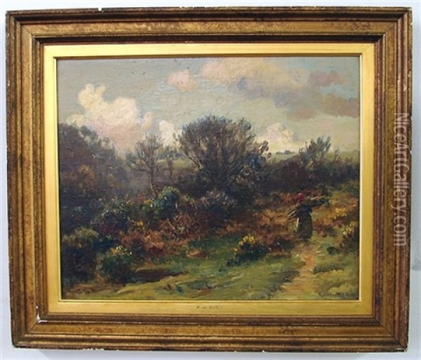Landscape With Figure Holding A Bundle Of Sticks Oil Painting - Ernest Higgins Rigg