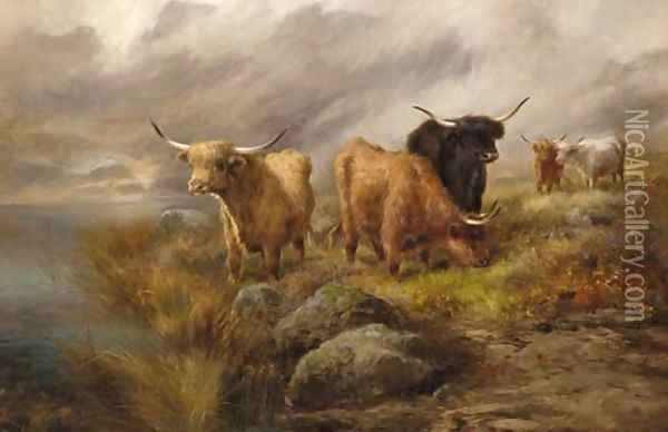 Highland cattle in a mountainous loch landscape Oil Painting - John Morris