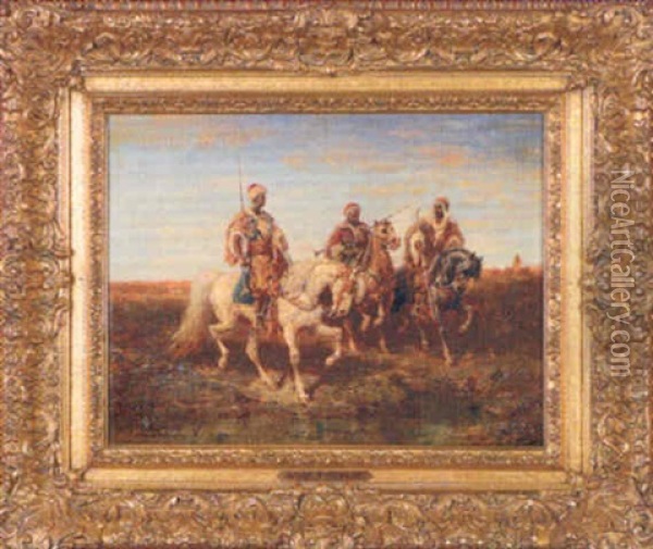 Three Armed, Elaborately Robed Arabs On Horseback Approaching Water Oil Painting - Adolf Schreyer