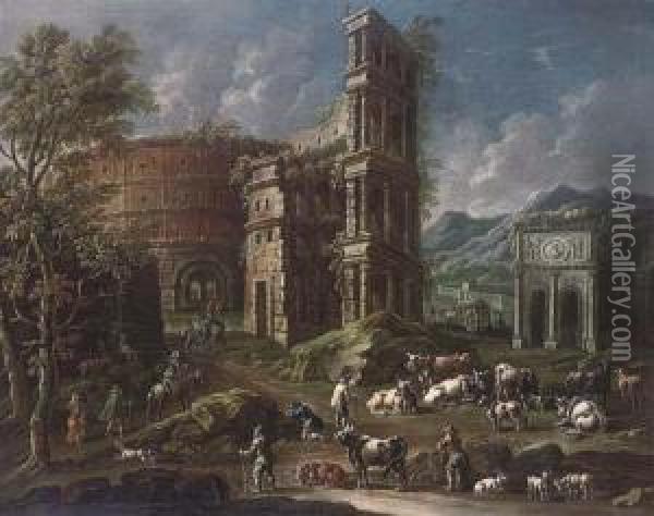 A Mountainous Landscape With 
Herdsmen And Travellers With A Capriccio Of The Colosseum And Other 
Ruins Oil Painting - Gaetano De Rosa