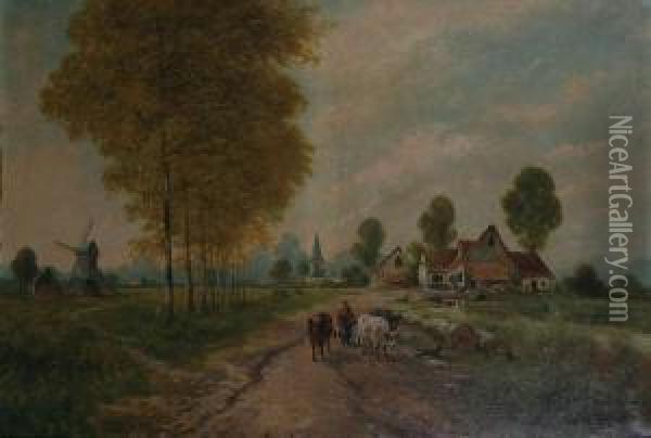 Boerin Met Koeien Op Landweg Oil Painting - Paul Schouten