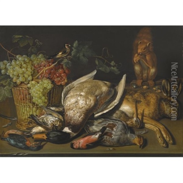 Still Life Of A Game And A Basket Of Grapes With A Squirrel And Goldfinch Oil Painting - Clara Peeters
