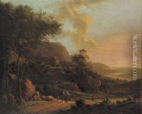 An Extensive Italianate Landscape With Travellers Near A River, A Village Beyond Oil Painting - Johann Christian Vollerdt or Vollaert
