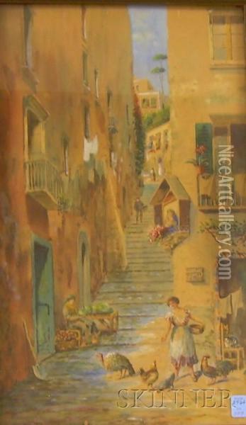 View Of An Alley With A Woman Feeding The Chickens Oil Painting - Alessandro Altamura