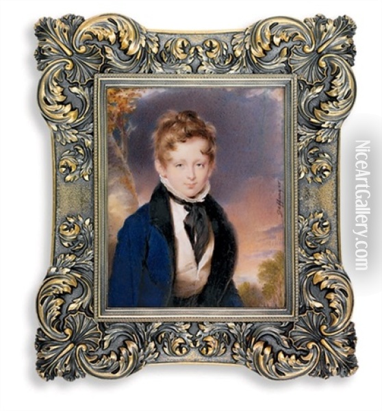 Count Paul Palffy Of Erdod As A Boy, In Blue Coat With Black Collar Oil Painting - Moritz Michael Daffinger