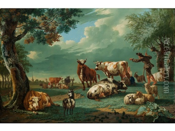 Landschaft Mit Rinderherde Und Hirtenfamilie Oil Painting - Jan van Gool