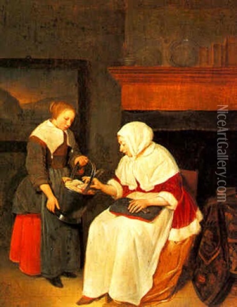 A Lady With Her Maid In An Interior Oil Painting - Quiringh Gerritsz van Brekelenkam
