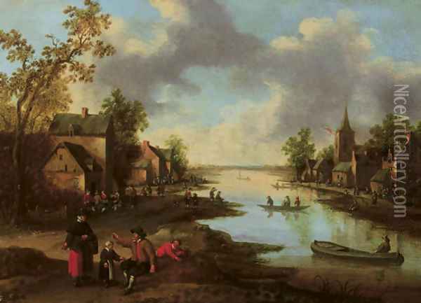A river landscape with figures outside an inn and fishermen in boats, a family conversing in the foreground Oil Painting - Joost Cornelisz. Droochsloot
