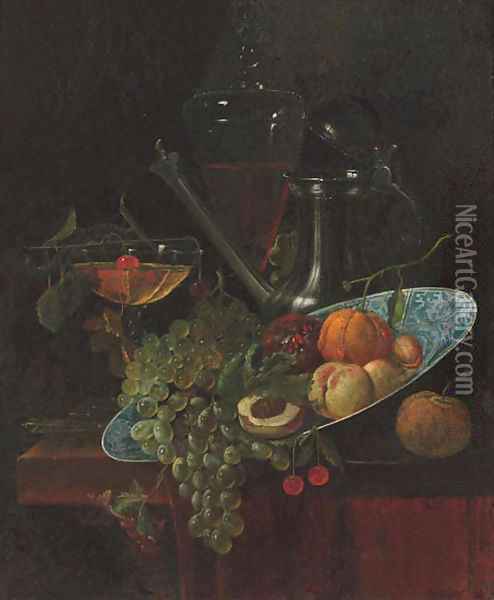 Fruit in a Kraak dish with a pewter ewer and two glasses on a partially draped table Oil Painting - Willem Kalf