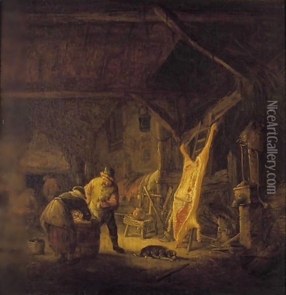 A Barn Interior With Peasants Standing Before A Hog Carcass, Other Figures Warming Themselves By A Fire Beyond Oil Painting - Isaack Jansz. van Ostade