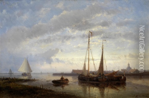 Fishermen At Sunset; Shipping Off The Coast Oil Painting - Abraham Hulk the Elder