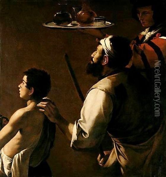A Blind Beggar Being Led By A Boy, Together With A Servant Holding Up A Tray With Glasses And Decanters Oil Painting - Mattia Preti