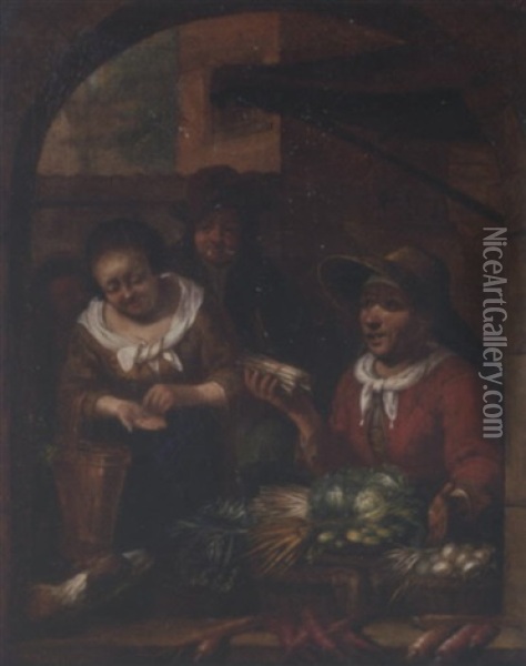 An Elderly Woman Selling Vegetables To A Peasant Woman Oil Painting - Frans van Mieris the Elder