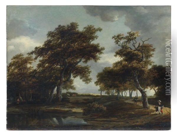 A Wooded River Landscape With Figures On A Path Oil Painting - Meindert Hobbema